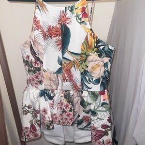 Floral High-Neck Peplum Top - White Multi